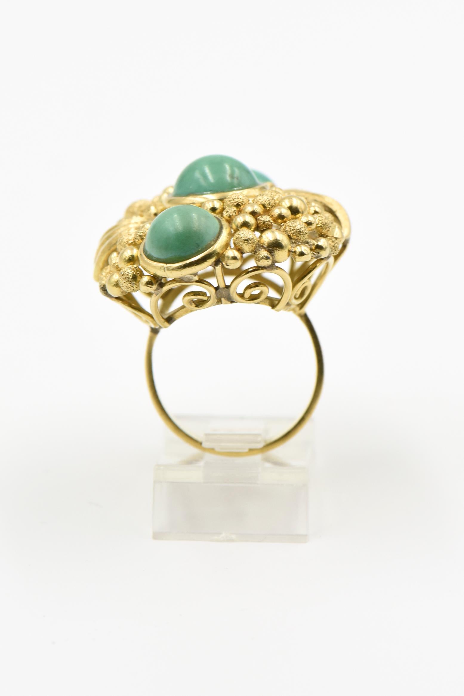 Women's or Men's Large 1970s Modern Textured Design Turquoise Gold Statement Ring For Sale