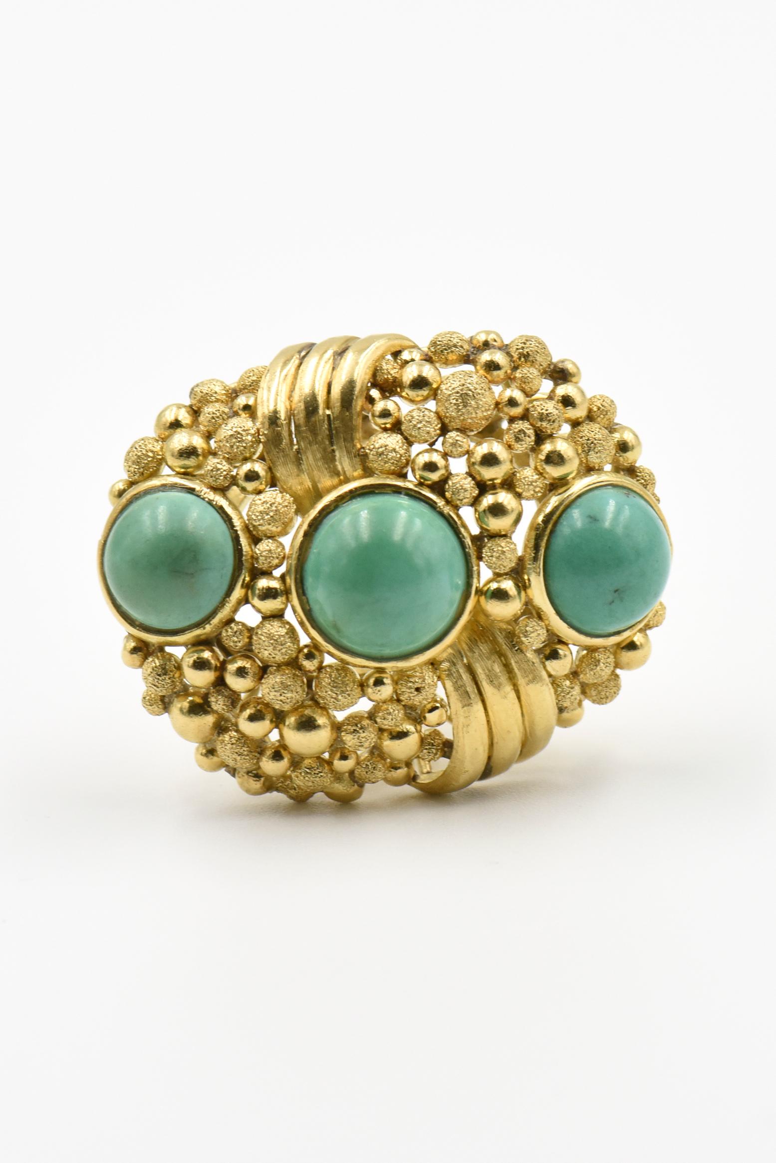 Large 1970s Modern Textured Design Turquoise Gold Statement Ring For Sale 1