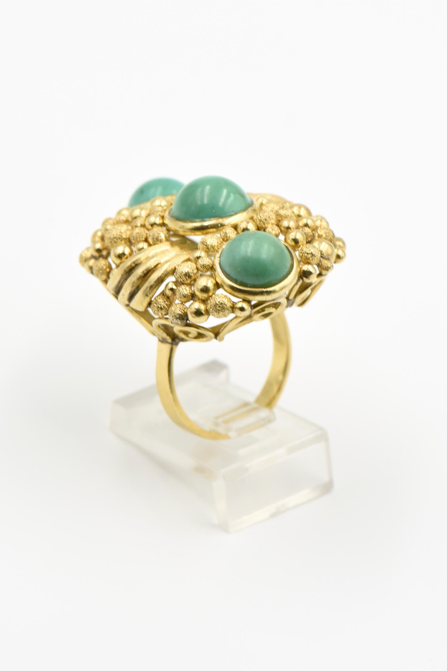 Large 1970s Modern Textured Design Turquoise Gold Statement Ring For Sale 3