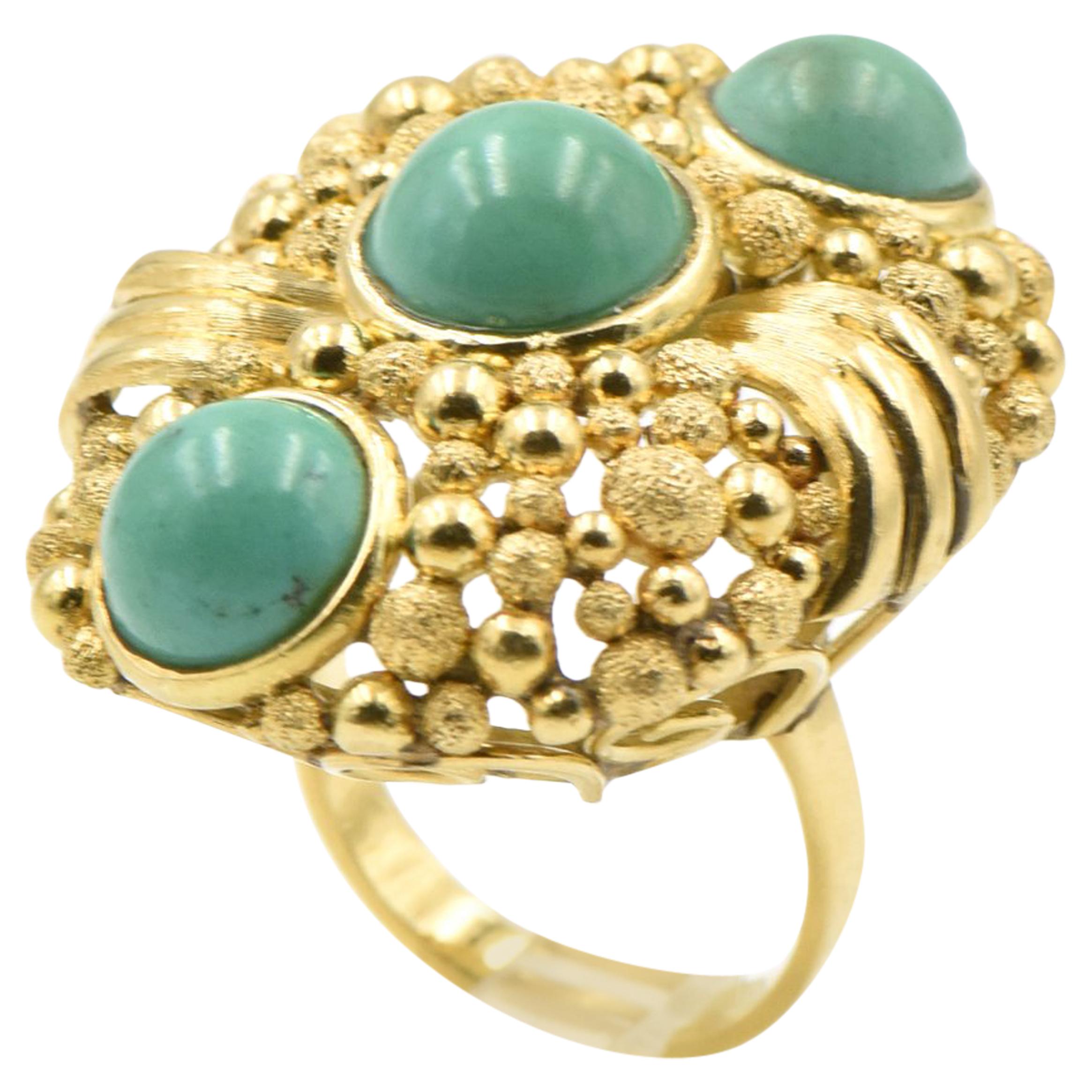 Large 1970s Modern Textured Design Turquoise Gold Statement Ring For Sale