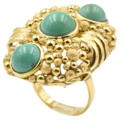 Vintage Large 1970s Modern Textured Design Turquoise Gold Statement Ring