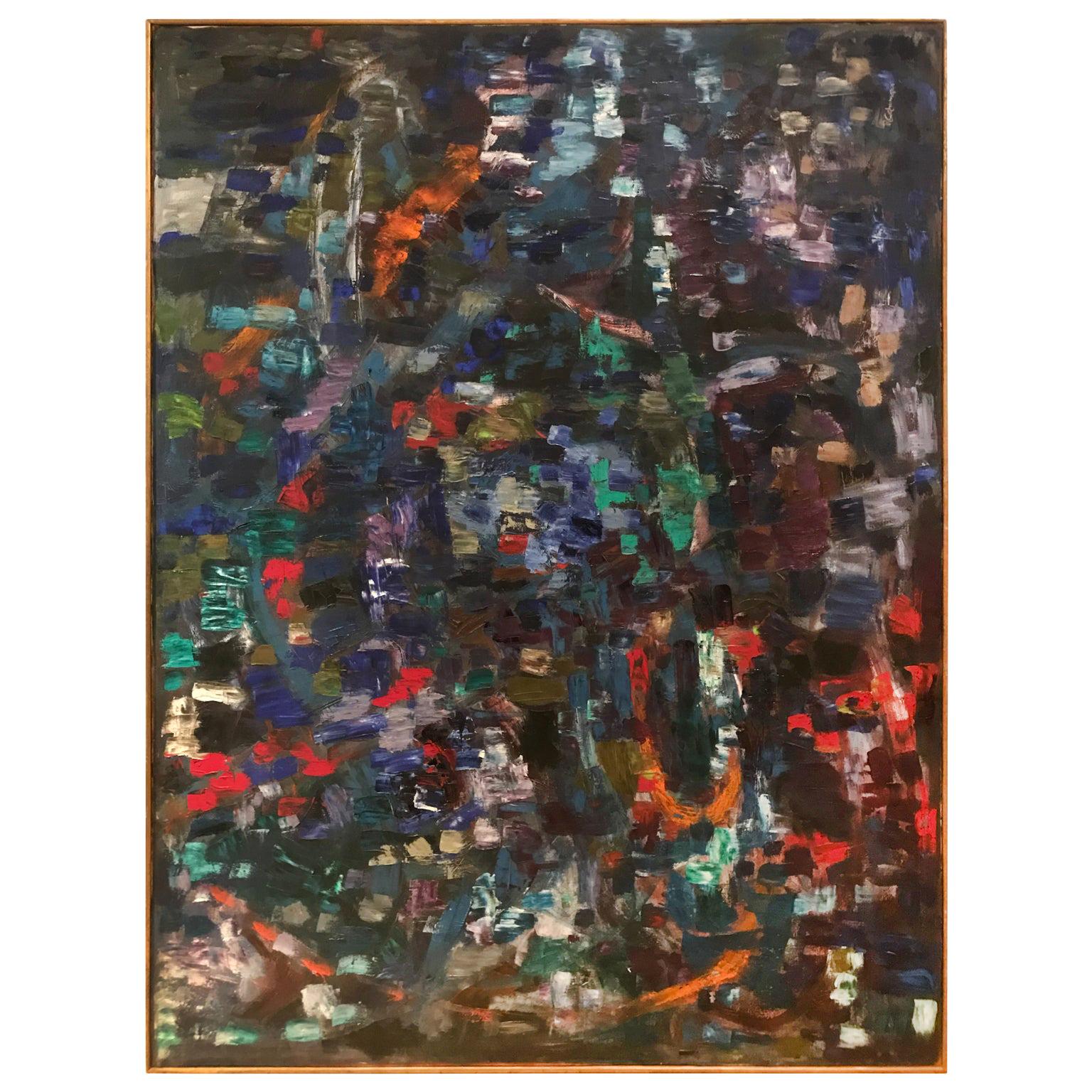 Large 1970s Multicolored Abstract Oil Painting on Canvas