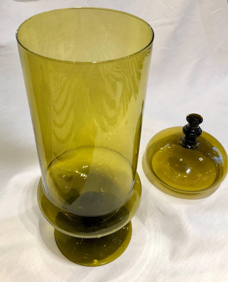 Large 1970s Olive Color Glass Jar with Lid at 1stDibs