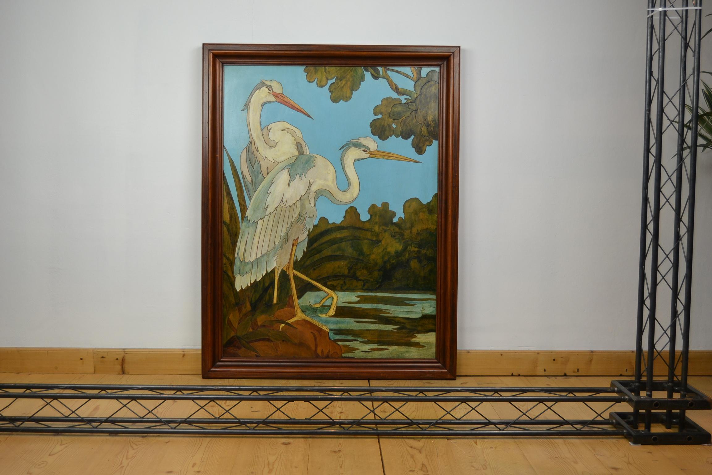 Large Blue Painting with Heron Birds on wood, 1970s In Good Condition In Antwerp, BE