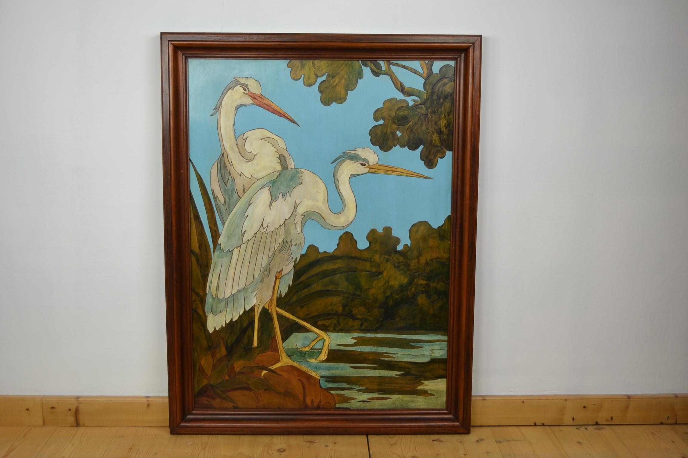 Large Blue Painting with Heron Birds on wood, 1970s 4