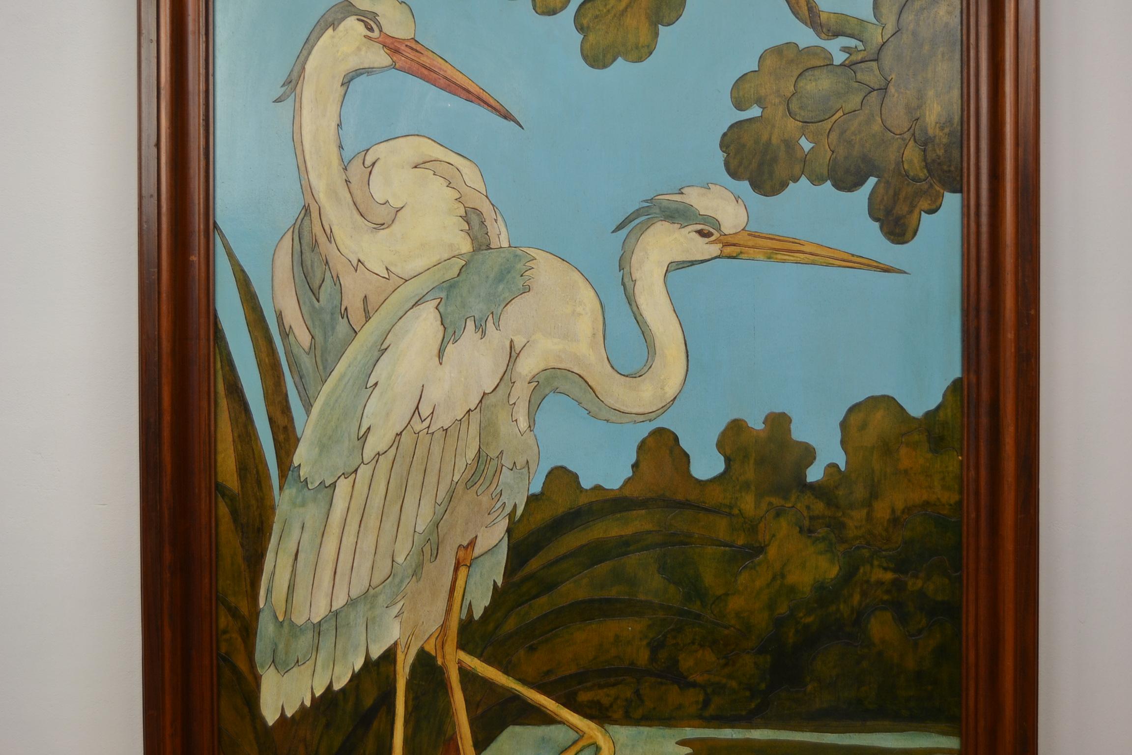 Hollywood Regency Large Blue Painting with Heron Birds on wood, 1970s