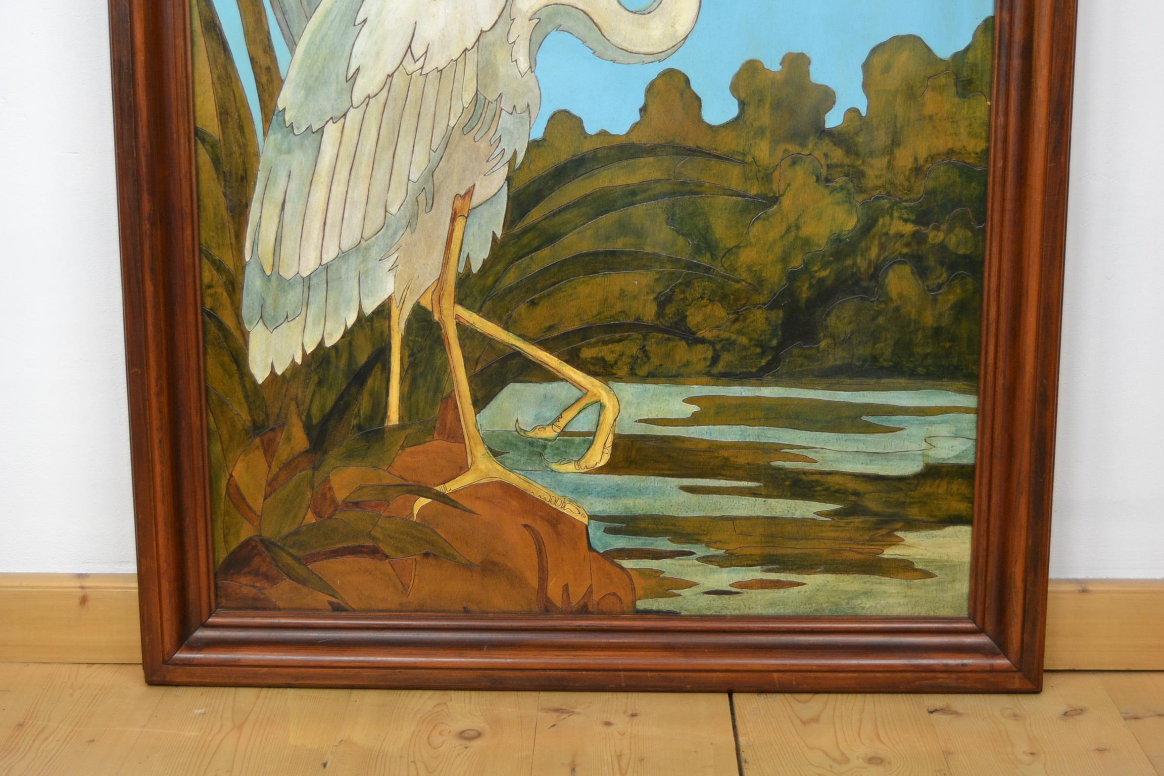 European Large Blue Painting with Heron Birds on wood, 1970s