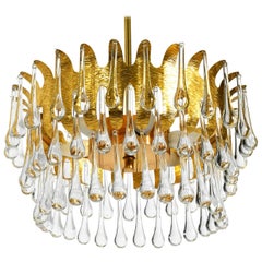 Large 1970s Palwa Brass Chandelier Hanging Lamp with Long Crystal Drops Glasses