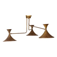 Large 1970's Patinated Brass 3 Arm Italian Large Chandelier