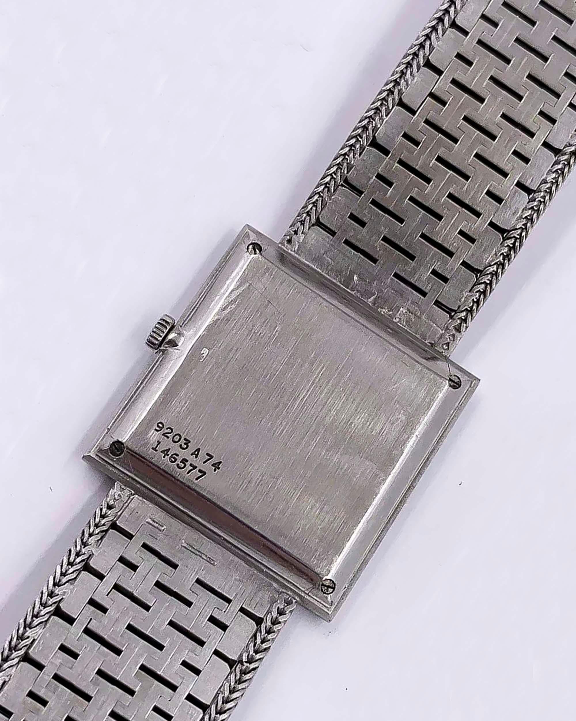 Large 1970s Piaget 18kt Double Diamond Row Roman Numeral Textured Bracelet Watch For Sale 4