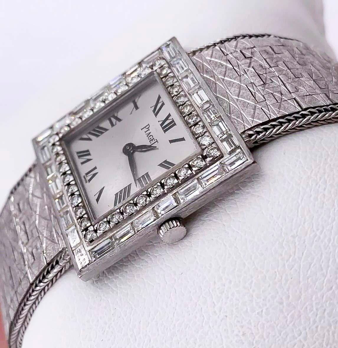 Contemporary Large 1970s Piaget 18kt Double Diamond Row Roman Numeral Textured Bracelet Watch For Sale