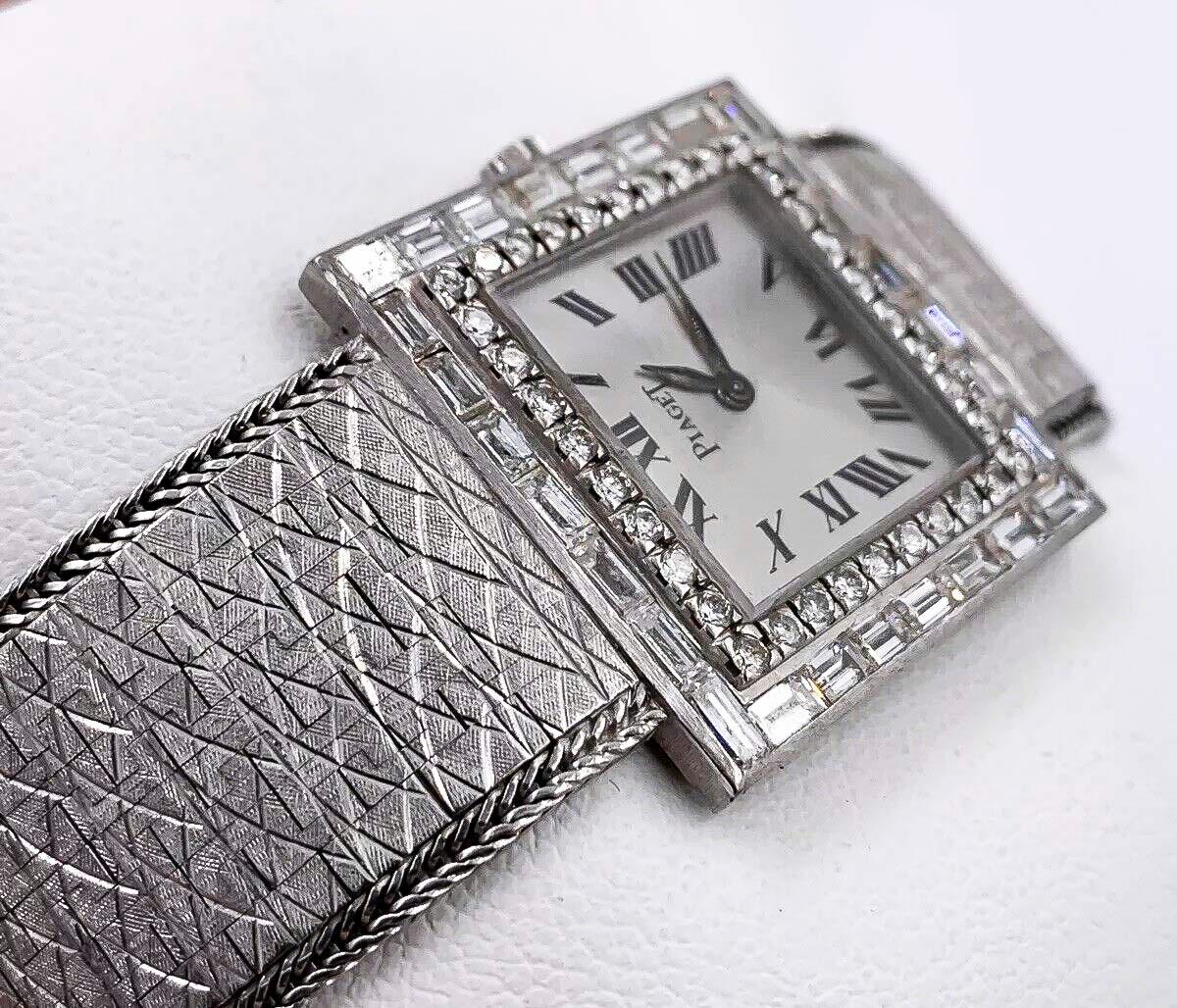 Large 1970s Piaget 18kt Double Diamond Row Roman Numeral Textured Bracelet Watch In Excellent Condition For Sale In New york, NY