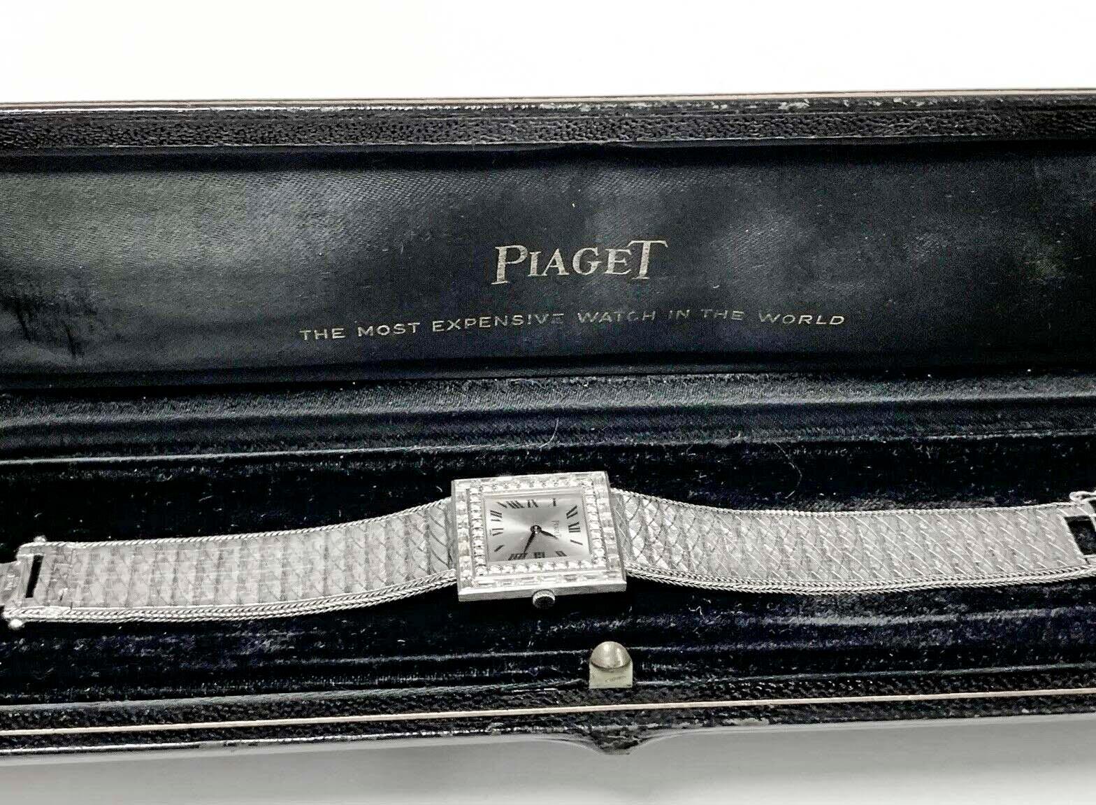 Large 1970s Piaget 18kt Double Diamond Row Roman Numeral Textured Bracelet Watch For Sale 1