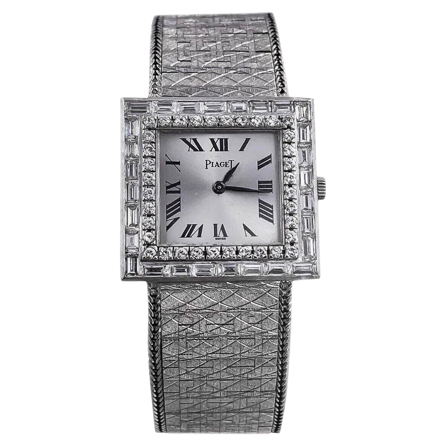 Large 1970s Piaget 18kt Double Diamond Row Roman Numeral Textured Bracelet Watch For Sale