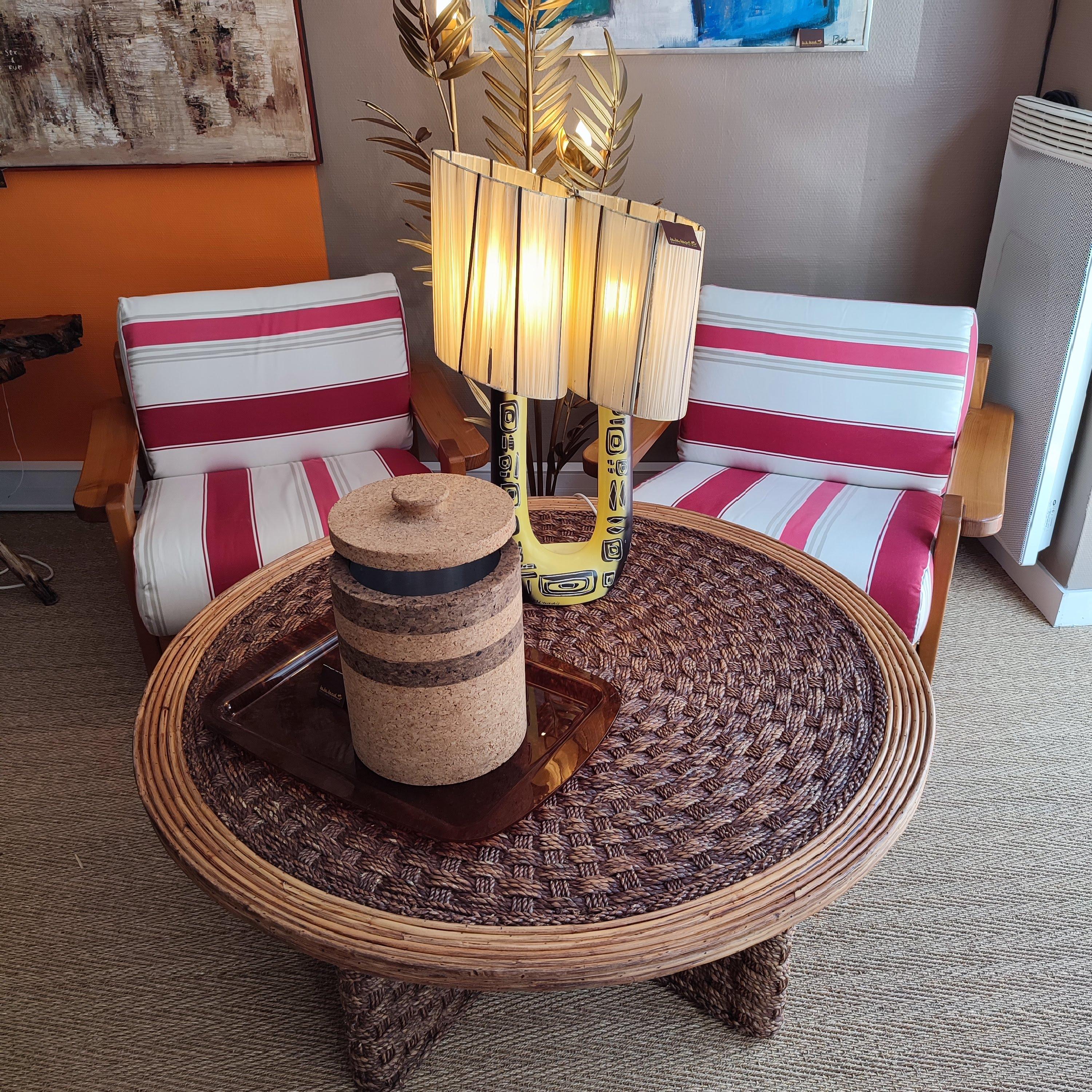 20th Century Large 1970's Rattan and Rope Coffee Table in the Manner of Audoux Minet