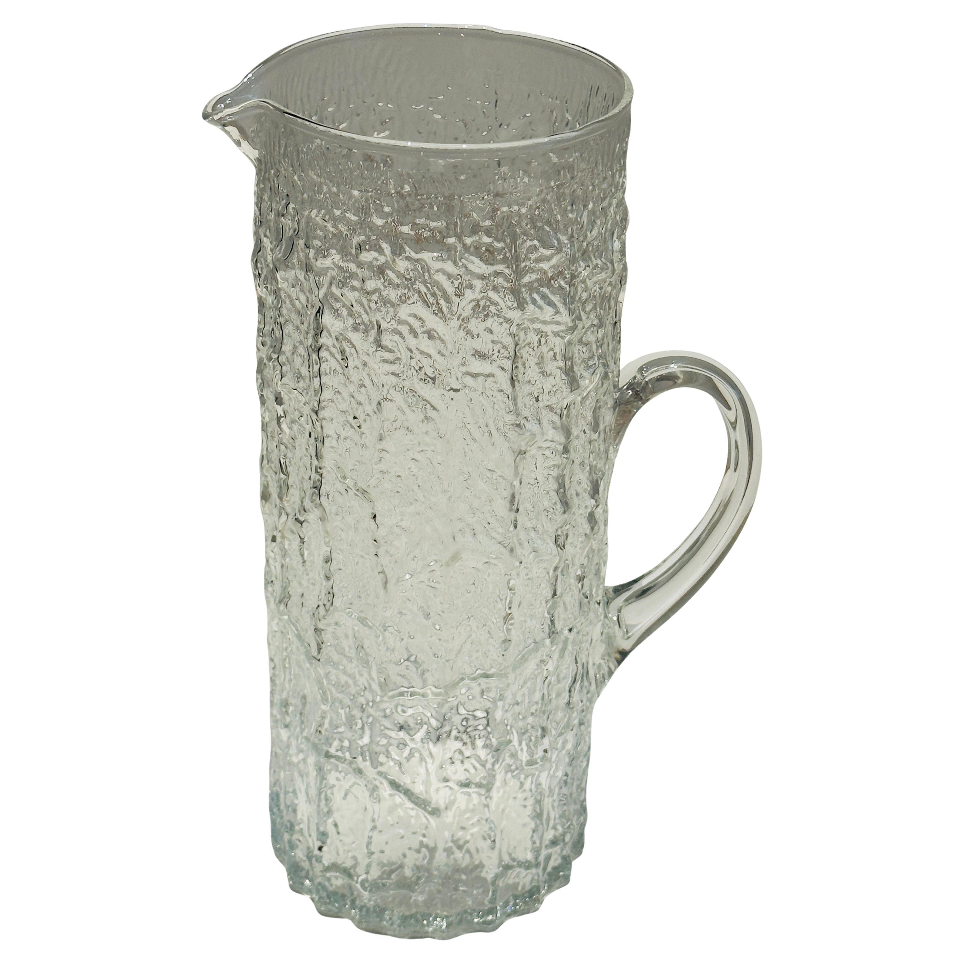 Large 1970s Scandinavian Textured "Ice" or "Bark-Like" Glass Pitcher or Jug For Sale