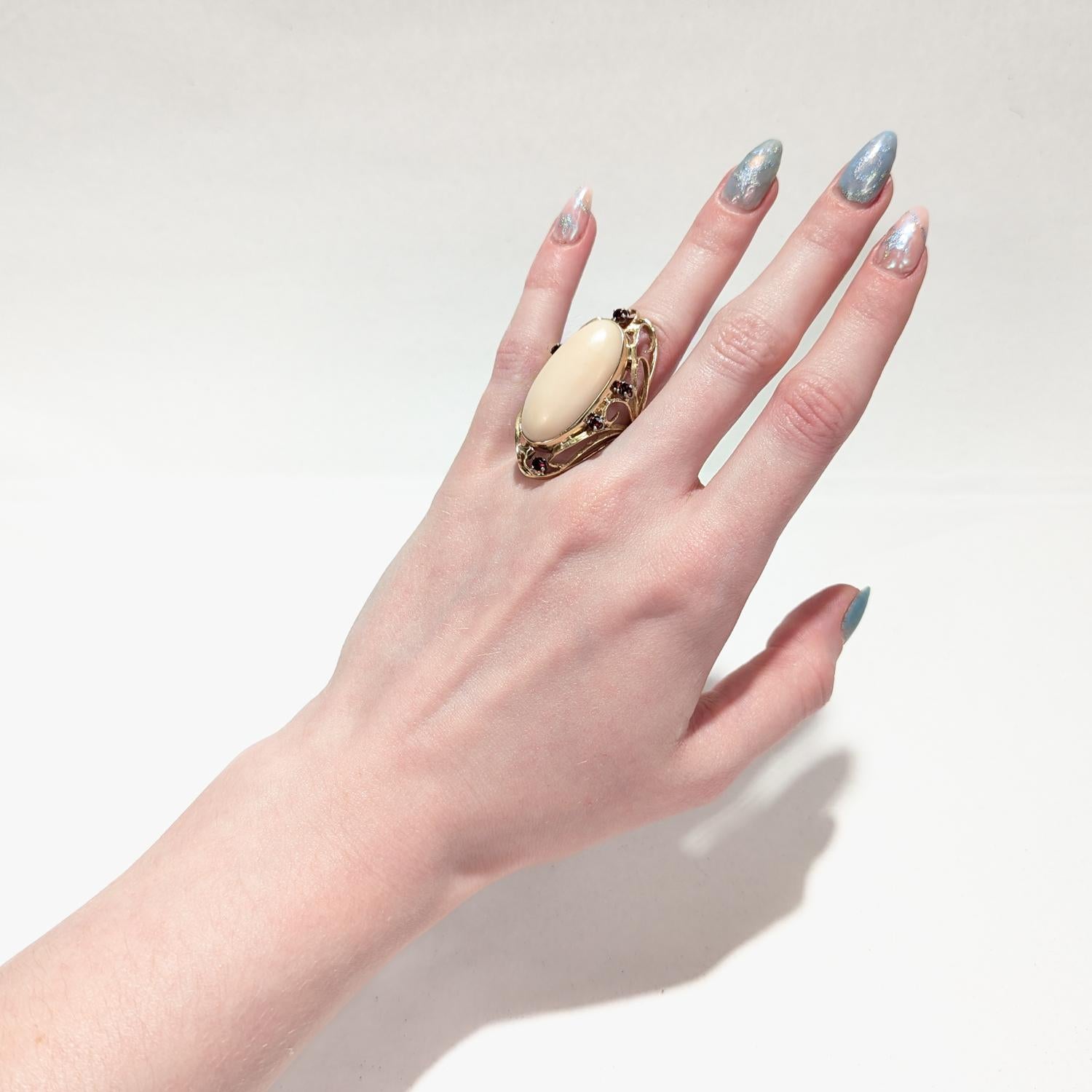 Art Nouveau Large 1970s Sculptural 14k Gold, Coral, & Garnet Gemstone Cocktail Ring For Sale