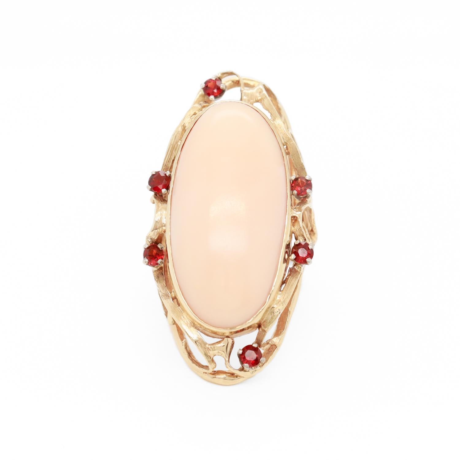 Cabochon Large 1970s Sculptural 14k Gold, Coral, & Garnet Gemstone Cocktail Ring For Sale