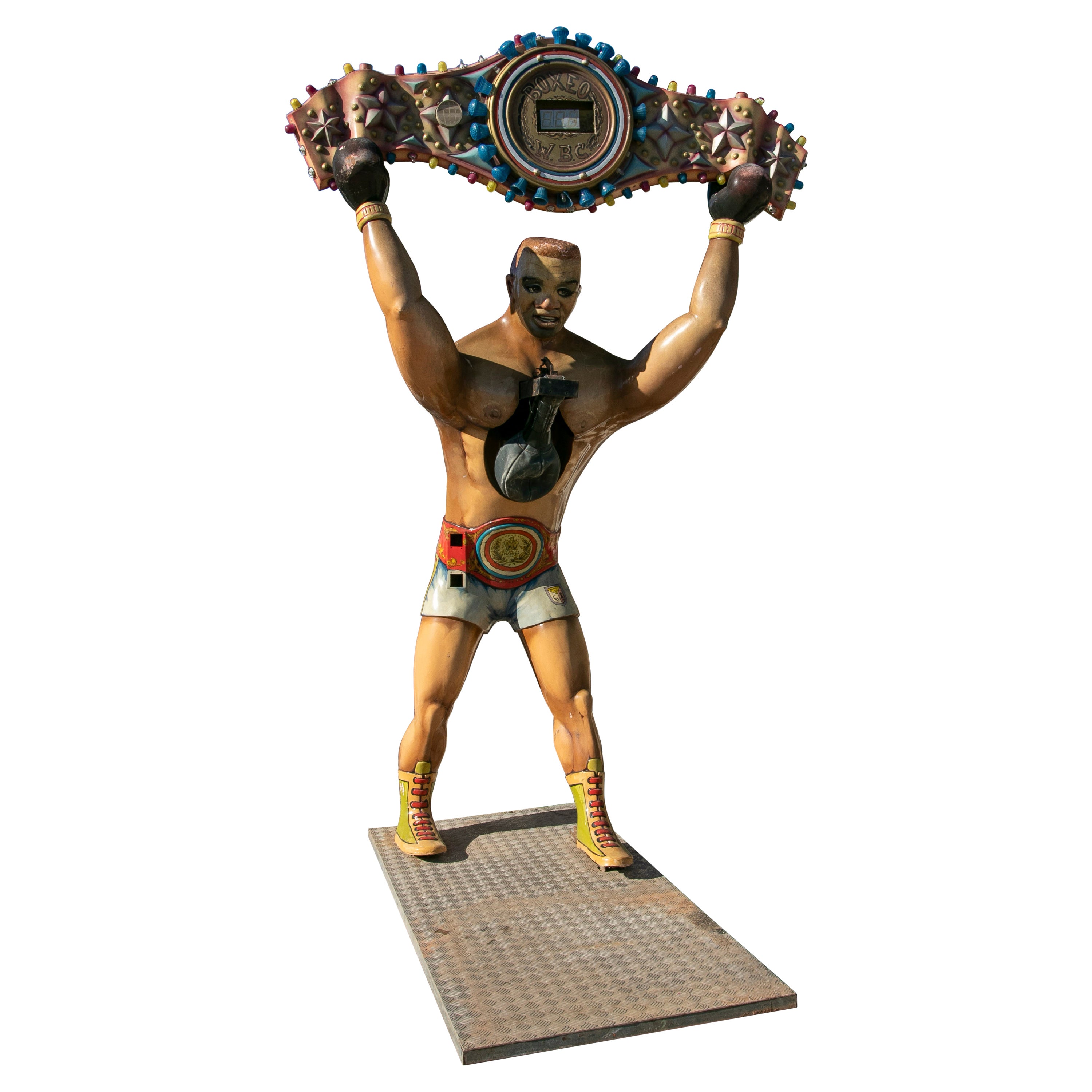 Large 1970s Spanish Hand Painted Resin Boxer Fairground Sculpture w/ Scoreboard