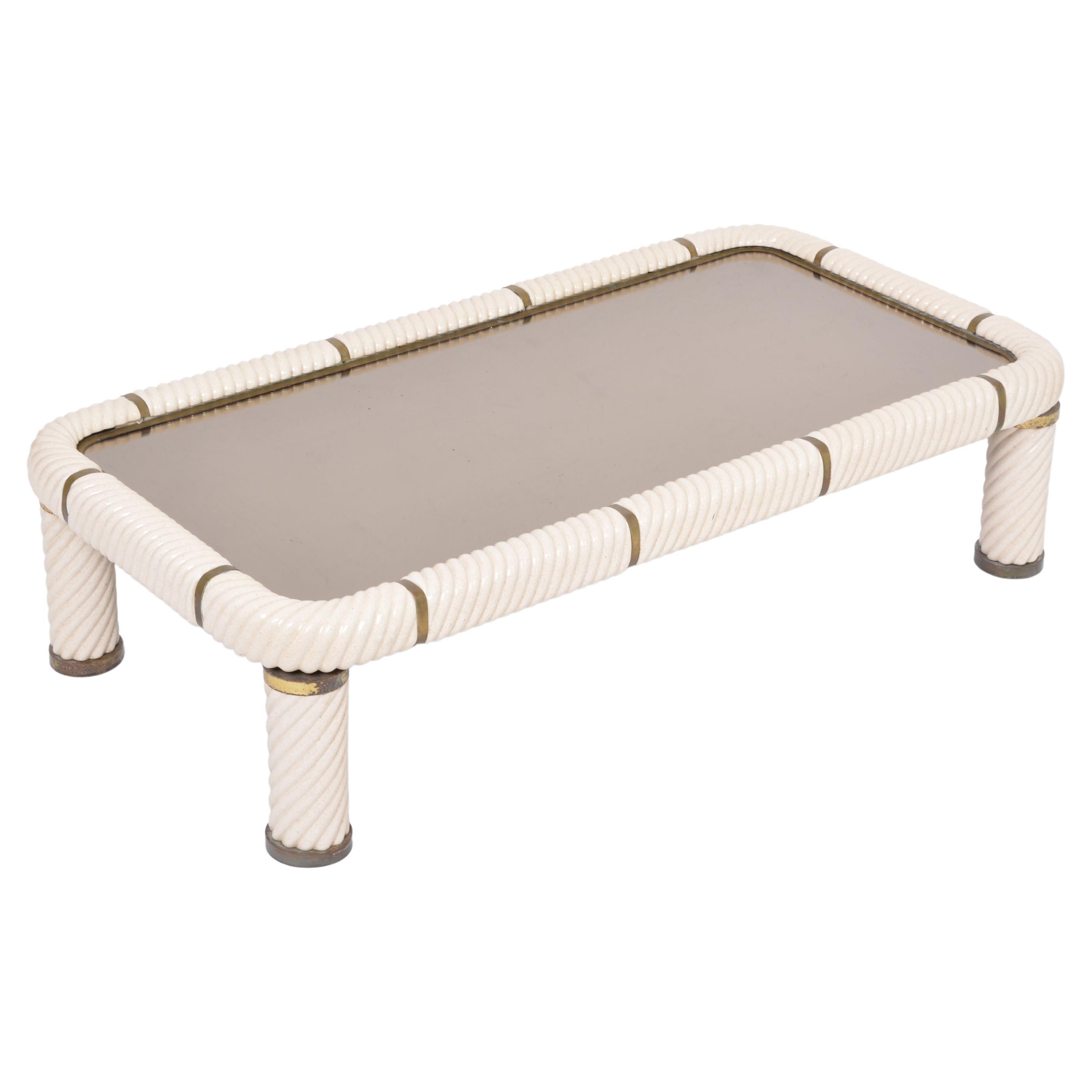 Large 1970s Tommaso Barbi White Ceramic and Brass Coffee Table