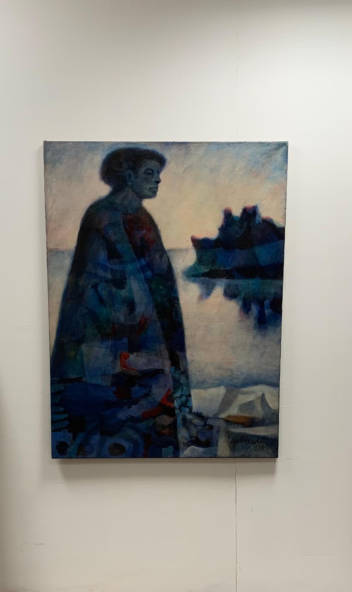 An impressive large scale unframed mixed media oil & acrylic painting by South African artist Cyril Fradan (1928-1997).
The subject is a figure of a man standing on a rocky coastline wearing a long abstract patterned cape.
The work is painted mainly