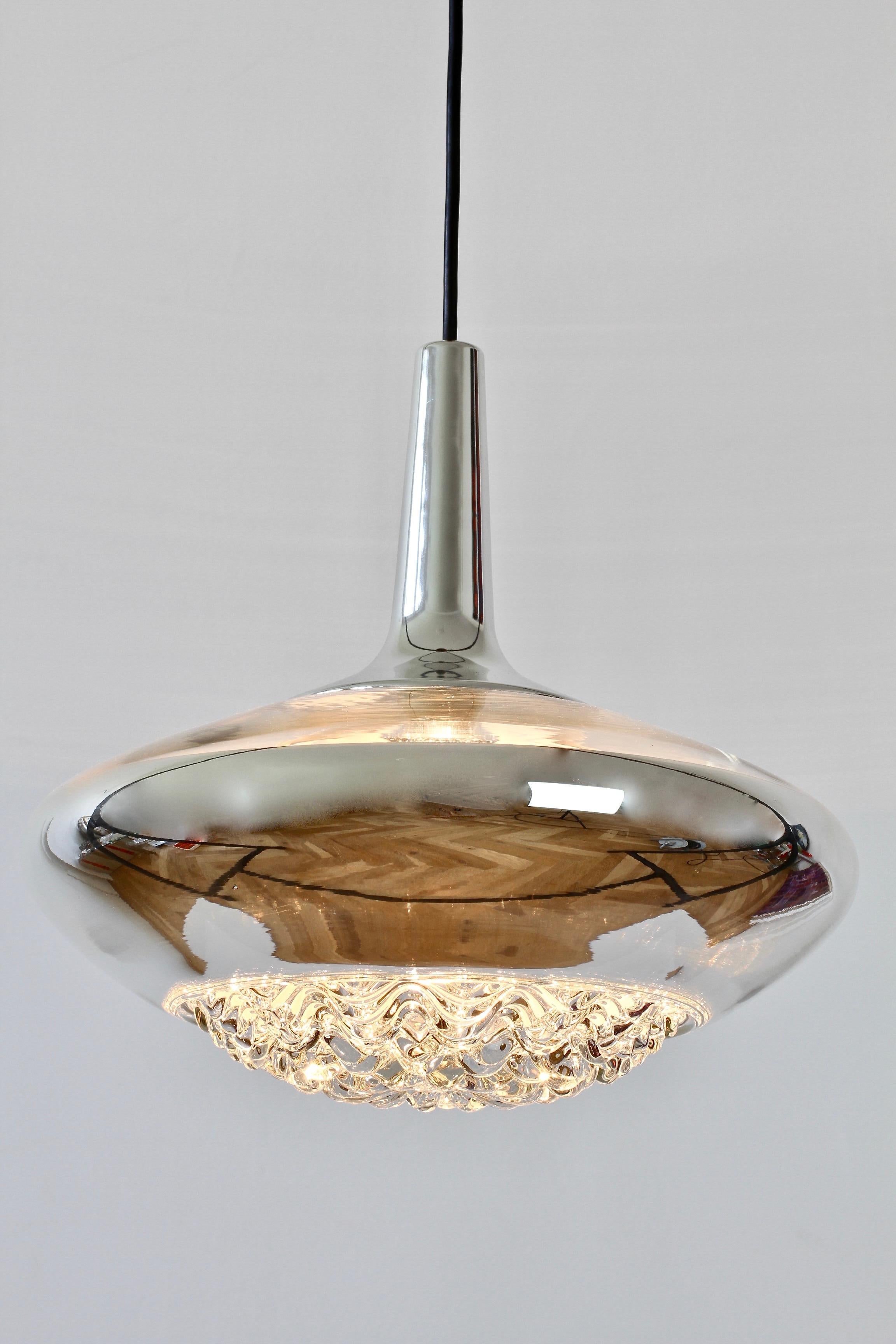 Mid-Century Modern Large 1970s Vintage Chrome Textured Glass Pendant Light by Peill & Putzler