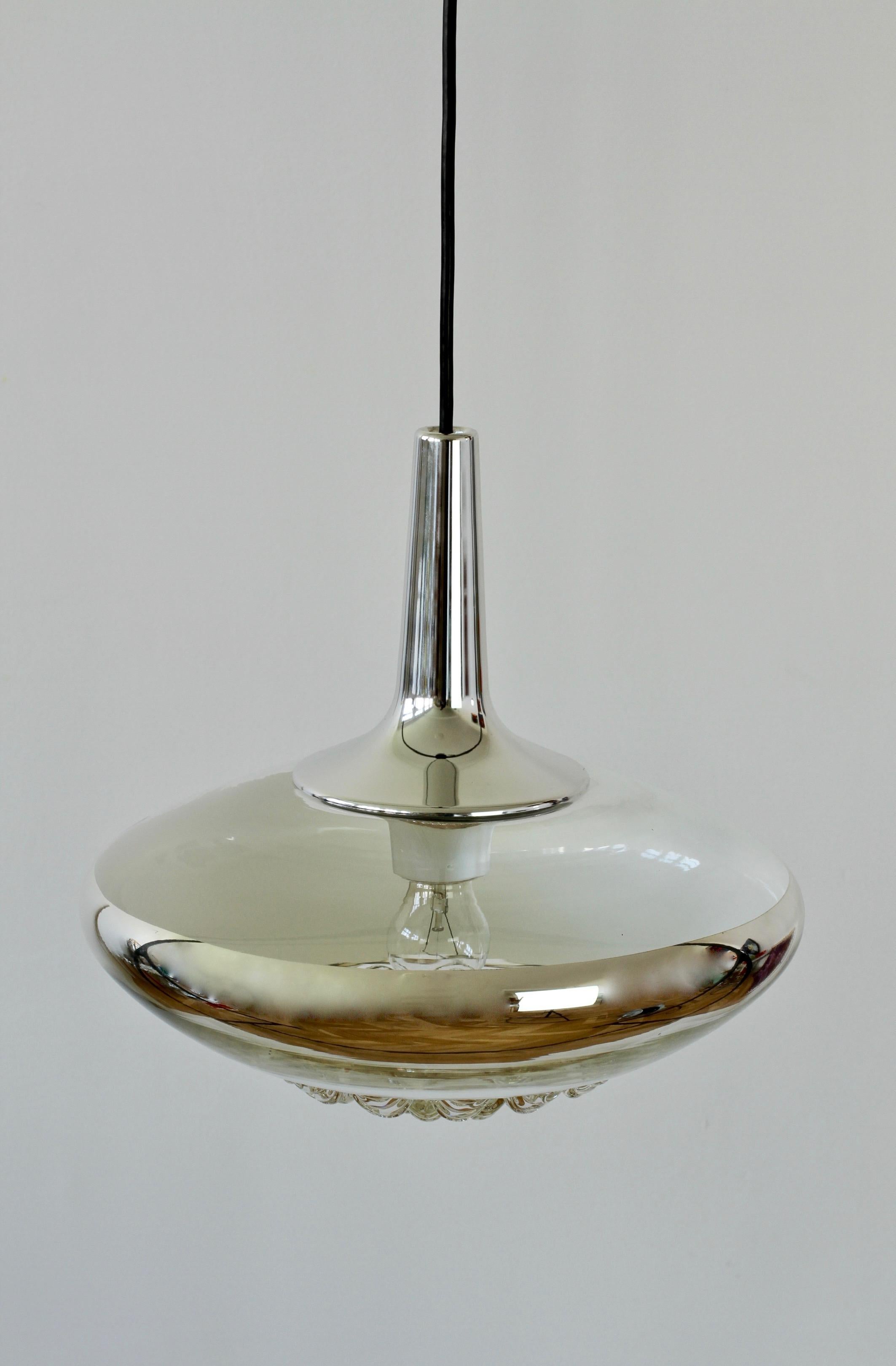 German Large 1970s Vintage Chrome Textured Glass Pendant Light by Peill & Putzler