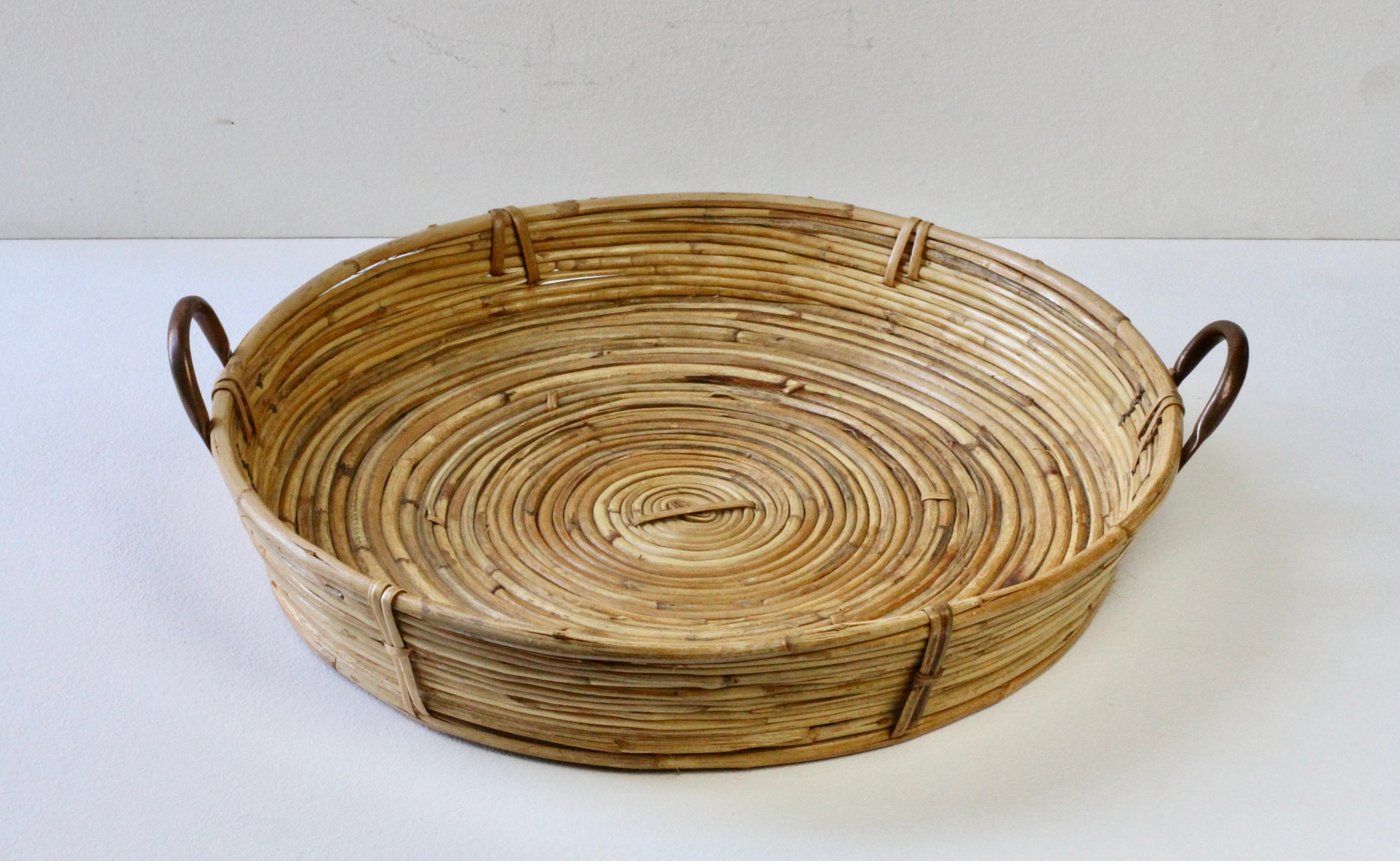 Grande vassoio da portata in ottone, bambù e rattan, del 1970, d'epoca del Midcentury Modern italiano in vendita 6