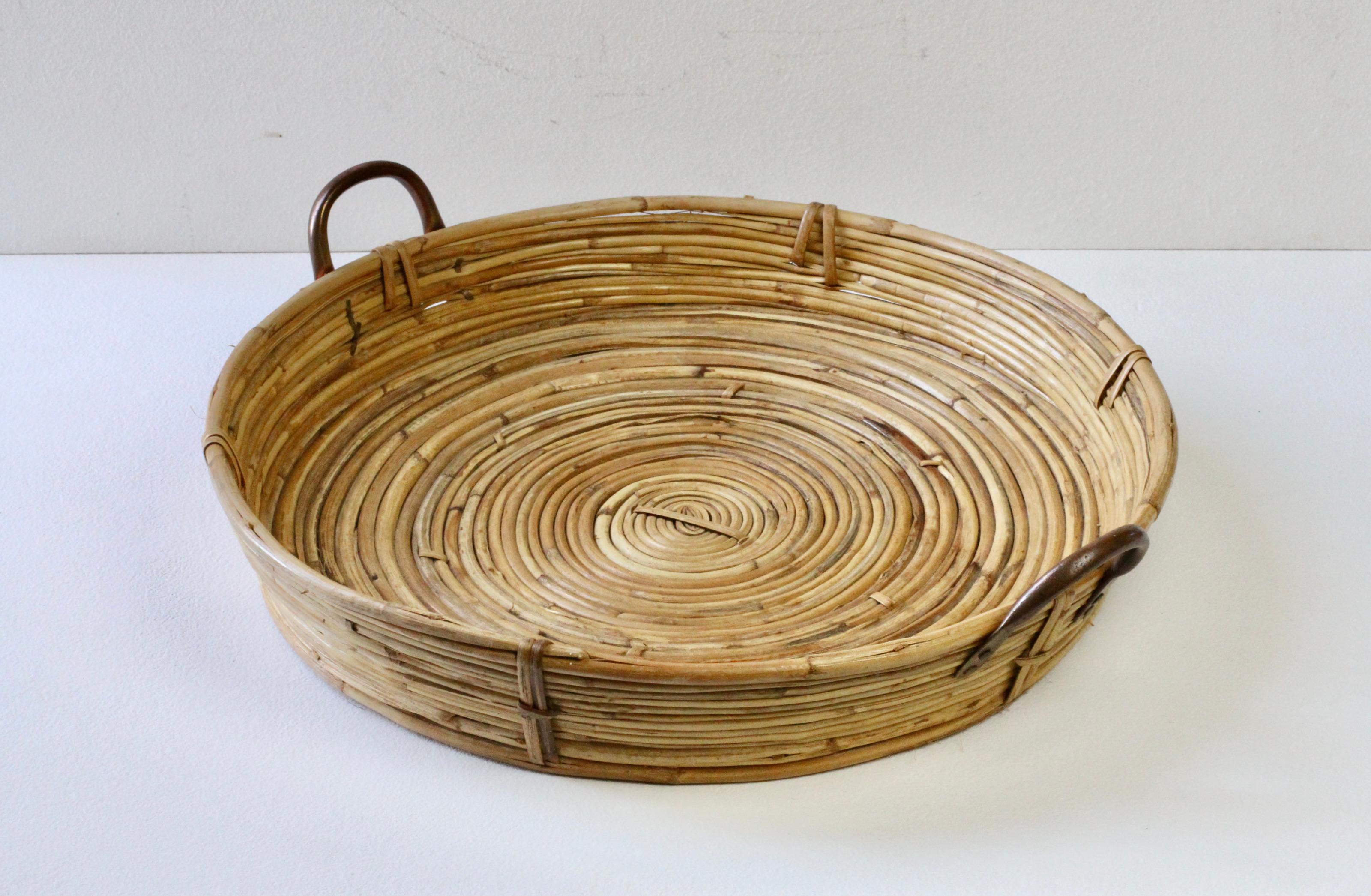Grande vassoio da portata in ottone, bambù e rattan, del 1970, d'epoca del Midcentury Modern italiano in vendita 7