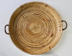 Gran bandeja de servir de latón y ratán italiana de los años 70, vintage y moderna de mediados de siglo