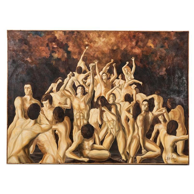 Grande peinture à l'huile sur toile des années 1970 représentant une scène de purgatoire