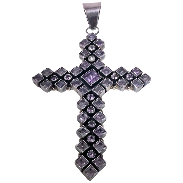 Large 1970s Vintage Sterling Silver Amethyst and Diamond Cross