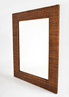 Large 1970s Wicker Woven Split Cane & Bamboo Mirror Frame Rattan Tiki Bohemian