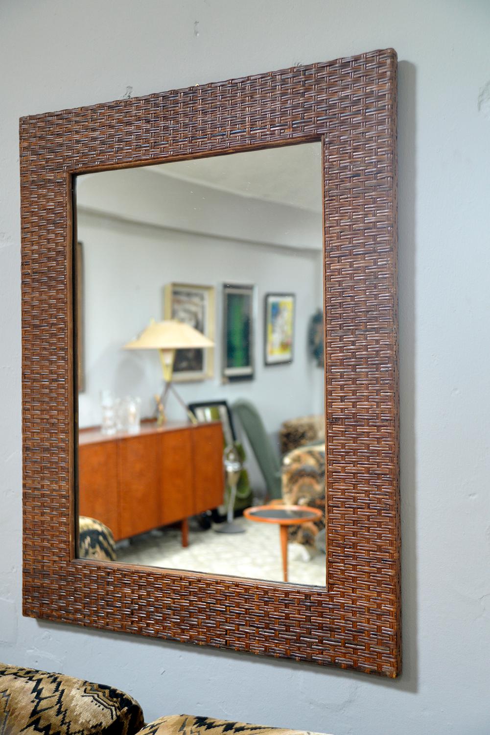 Large 1970s Wicker Woven Split Cane & Bamboo Mirror Frame Rattan Tiki Bohemian For Sale 4