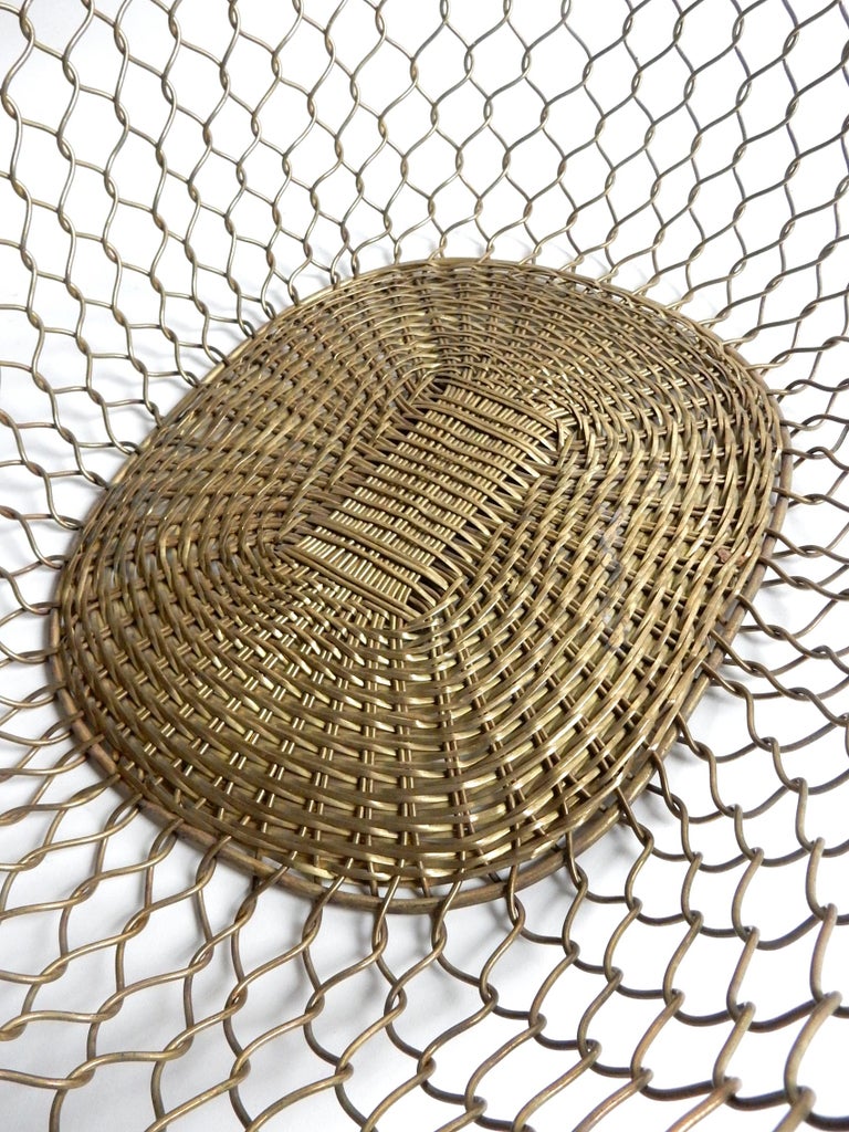 Large 1970's Woven Solid Brass Magazine Blanket Floor Basket For Sale