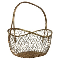 Large 1970's Woven Solid Brass Magazine Blanket Floor Basket