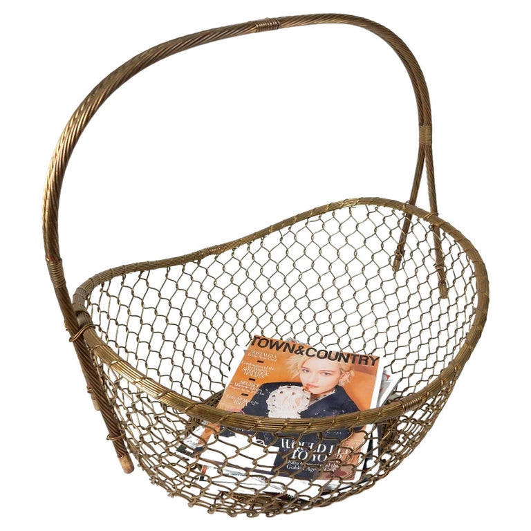 Large 1970's Woven Solid Brass Magazine Blanket Floor Basket For Sale