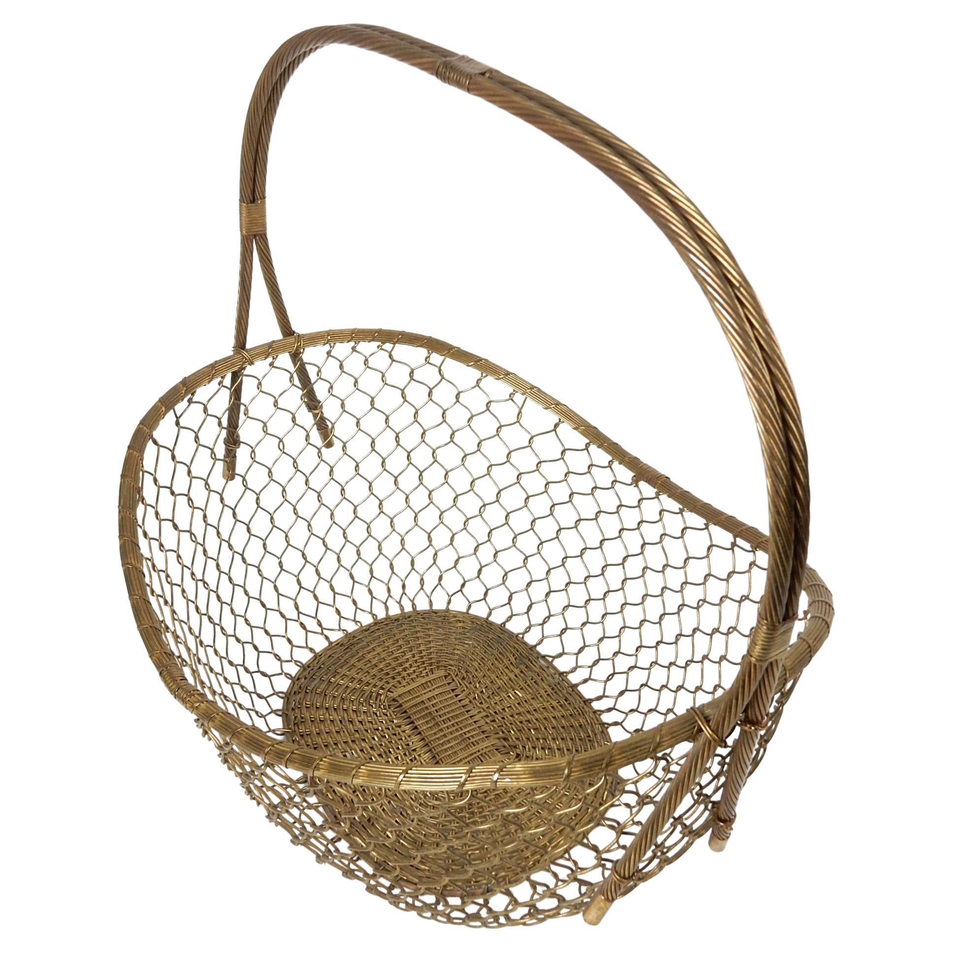 Hand-Woven Large 1970's Woven Solid Brass Magazine Blanket Floor Basket For Sale