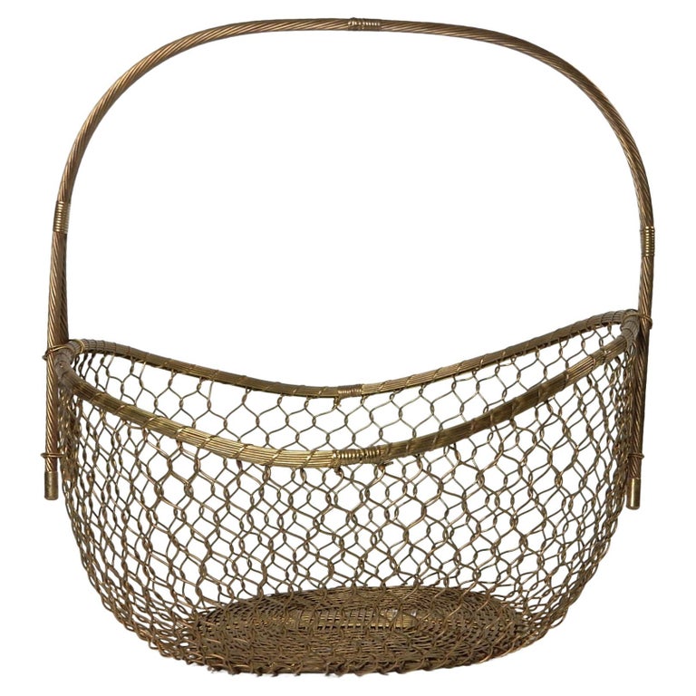 Large 1970's Woven Solid Brass Magazine Blanket Floor Basket For Sale