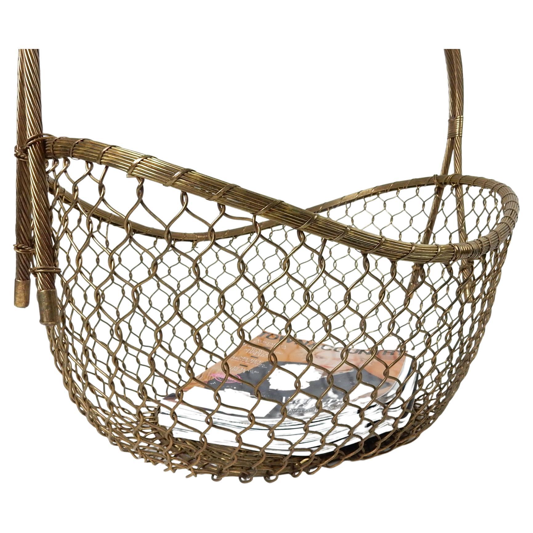 20th Century Large 1970's Woven Solid Brass Magazine Blanket Floor Basket For Sale