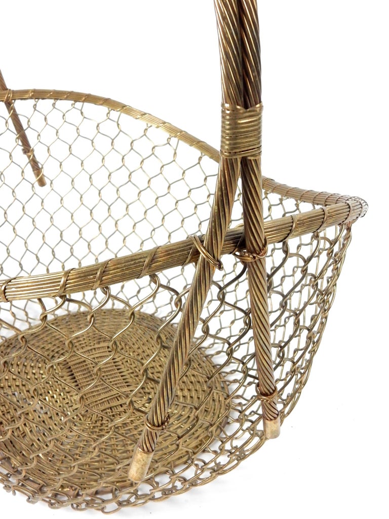 Large 1970's Woven Solid Brass Magazine Blanket Floor Basket For Sale