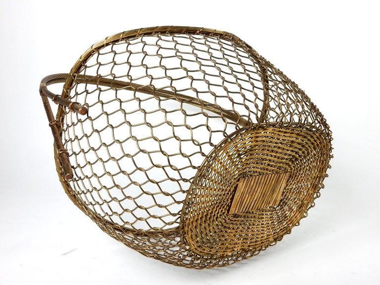 Large 1970's Woven Solid Brass Magazine Blanket Floor Basket For Sale