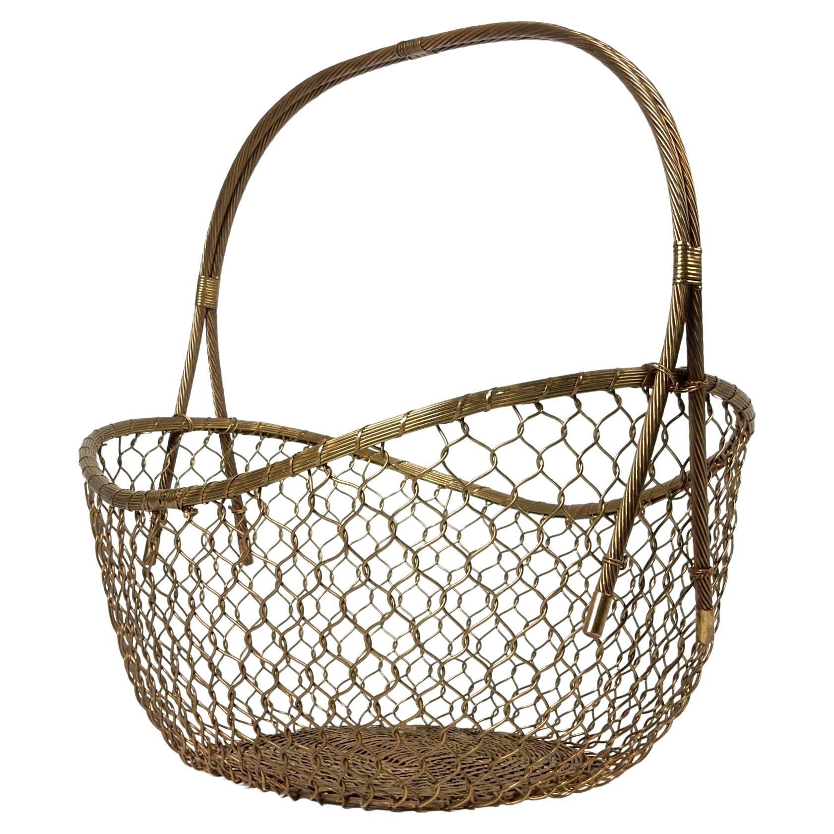 Large 1970's Woven Solid Brass Magazine Blanket Floor Basket For Sale