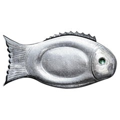 Plato grande Arthur Court 1975 de aluminio para pescado, ojo de piedra jadeíta