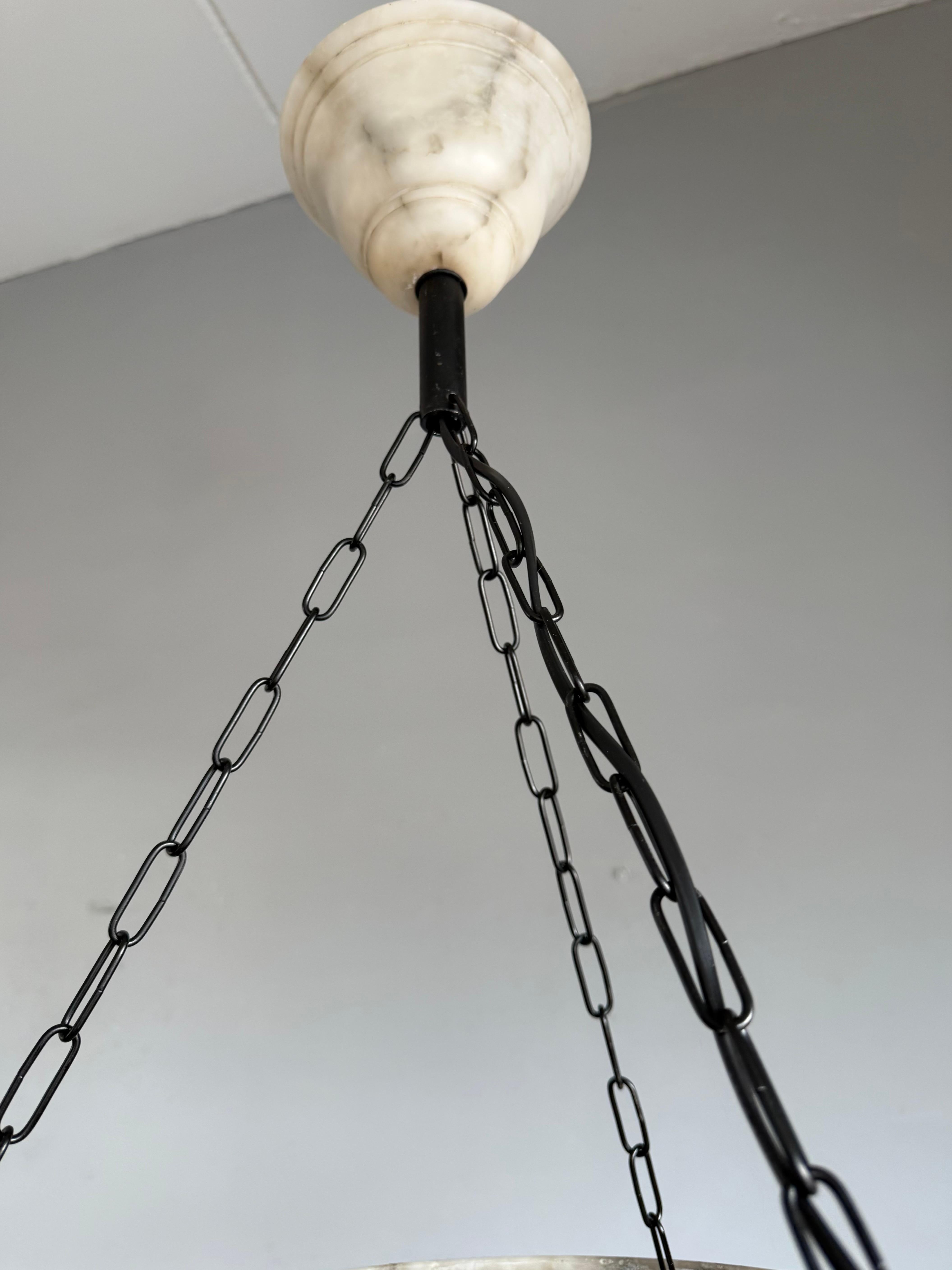 Large Ø 19.8 Antique Art Deco Disc Shape White & Black Alabaster Suspension Light 2