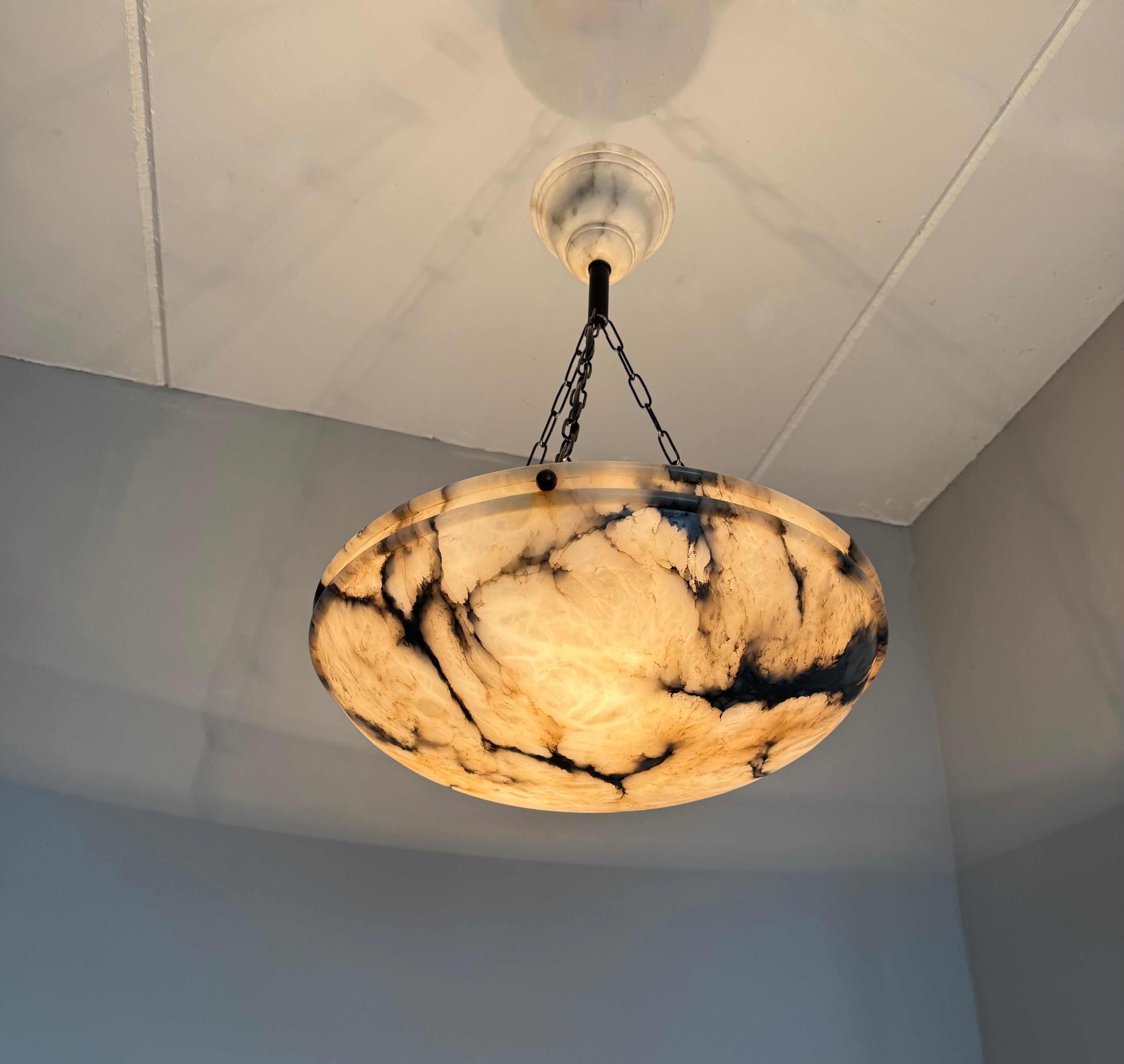 Large Ø 19.8 Antique Art Deco Disc Shape White & Black Alabaster Suspension Light 3