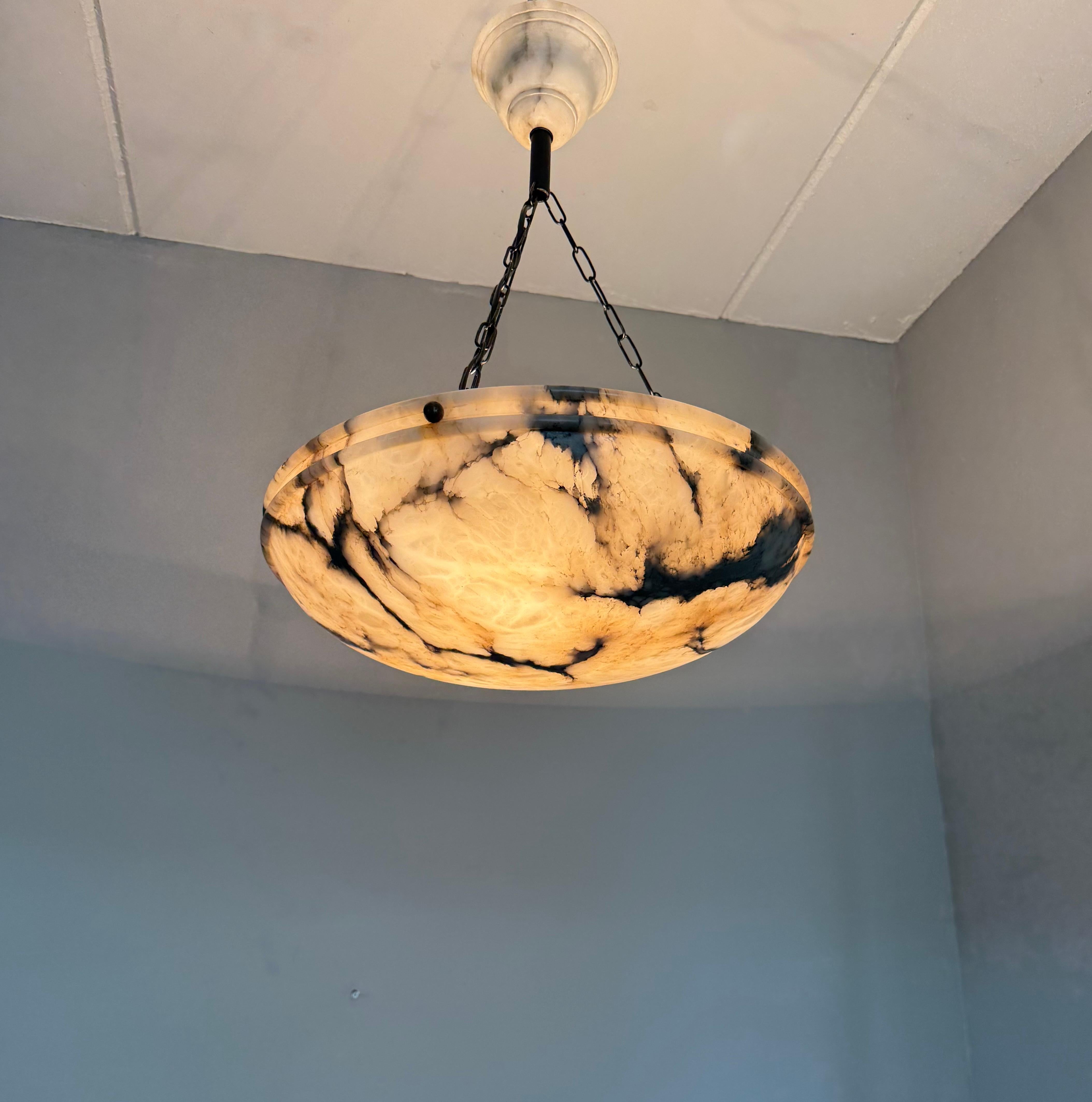 Large Ø 19.8 Antique Art Deco Disc Shape White & Black Alabaster Suspension Light 4