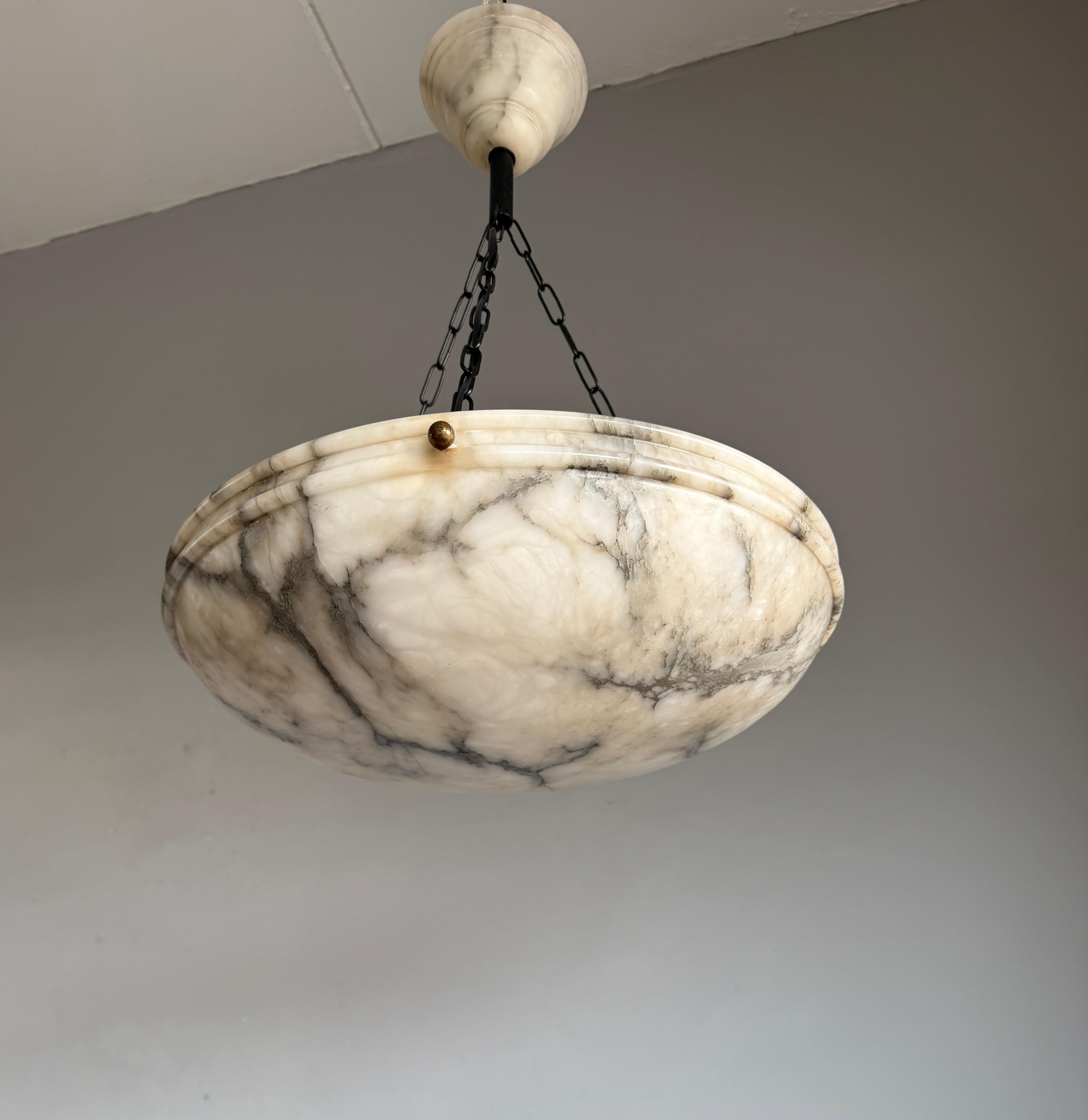 Large Ø 19.8 Antique Art Deco Disc Shape White & Black Alabaster Suspension Light 5