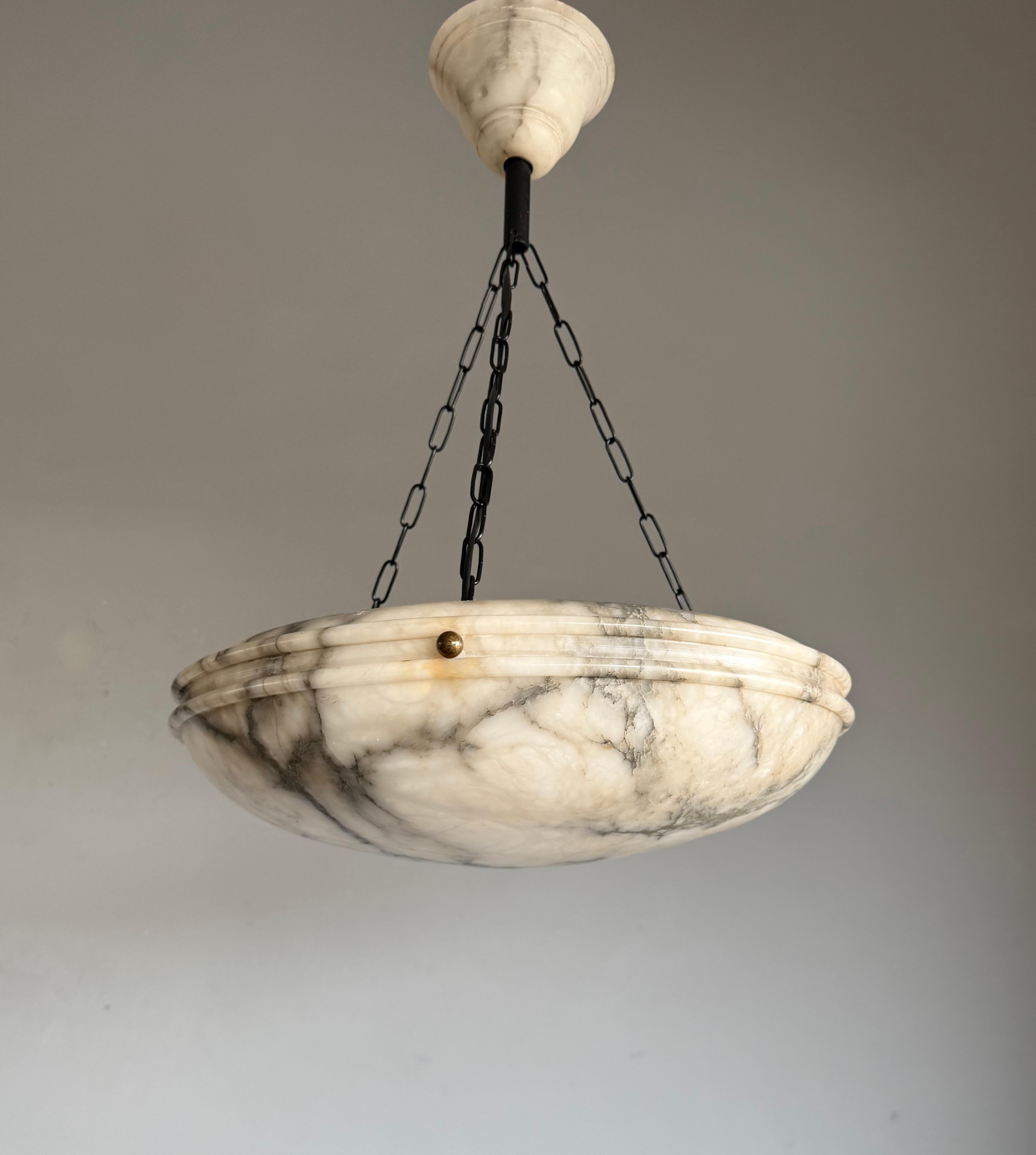 Large Ø 19.8 Antique Art Deco Disc Shape White & Black Alabaster Suspension Light 6