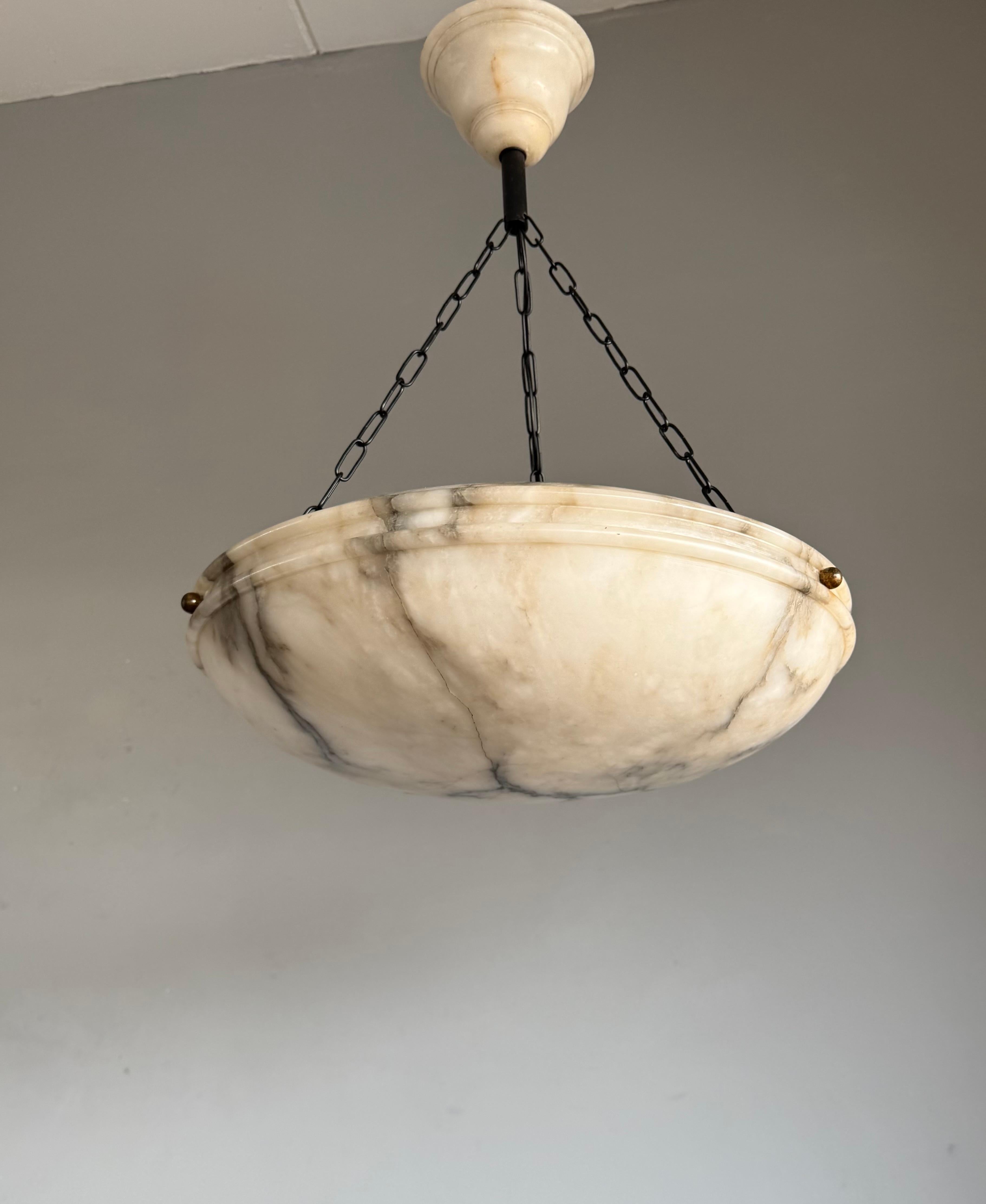 Large Ø 19.8 Antique Art Deco Disc Shape White & Black Alabaster Suspension Light 7